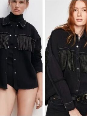 Zara Studded Fringe Western Jacket Black Denim Oversized M